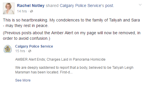 Notley expresses sympathies for the family of Taliyah Leigh Marsman