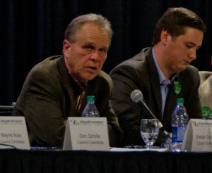 Sheldon Servold speaks during the all-candidates forum held on October 18. Photo by James Wood/106.1 The Goat/Vista Radio 