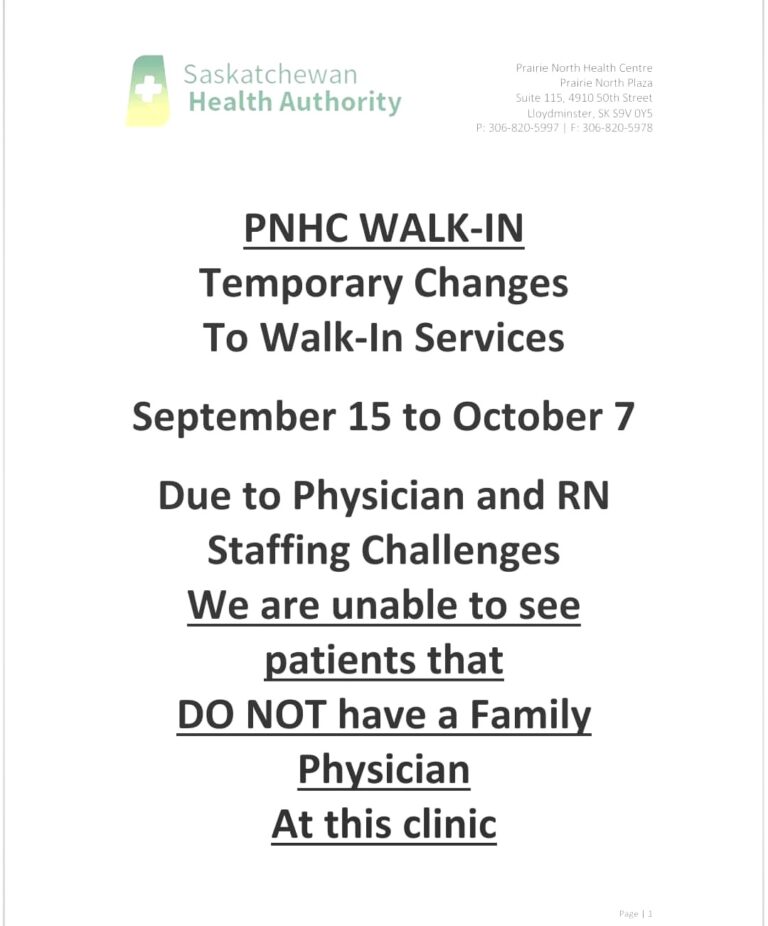 No walk-ins at Prairie North Health Clinic from Sept 15-Oct 7