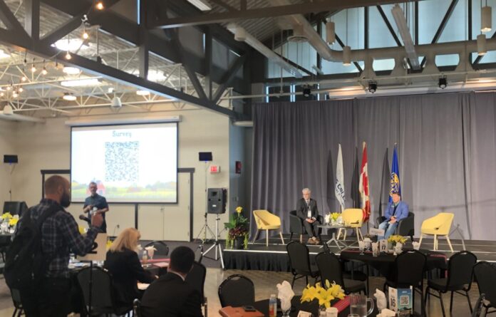 L-R: Dr. Jean-Charles Le Vallee, Country Representative for Canada with the Inter-American Institute for Cooperation on Agriculture, and Todd Ormann, Vice President Research & Development at Olds College of Agriculture & Technology, answer questions from the audience to wrap up the first-ever Americas Ag Forum at Olds College on June 17, 2025. Photo: Galen Hartviksen, Vista Radio.