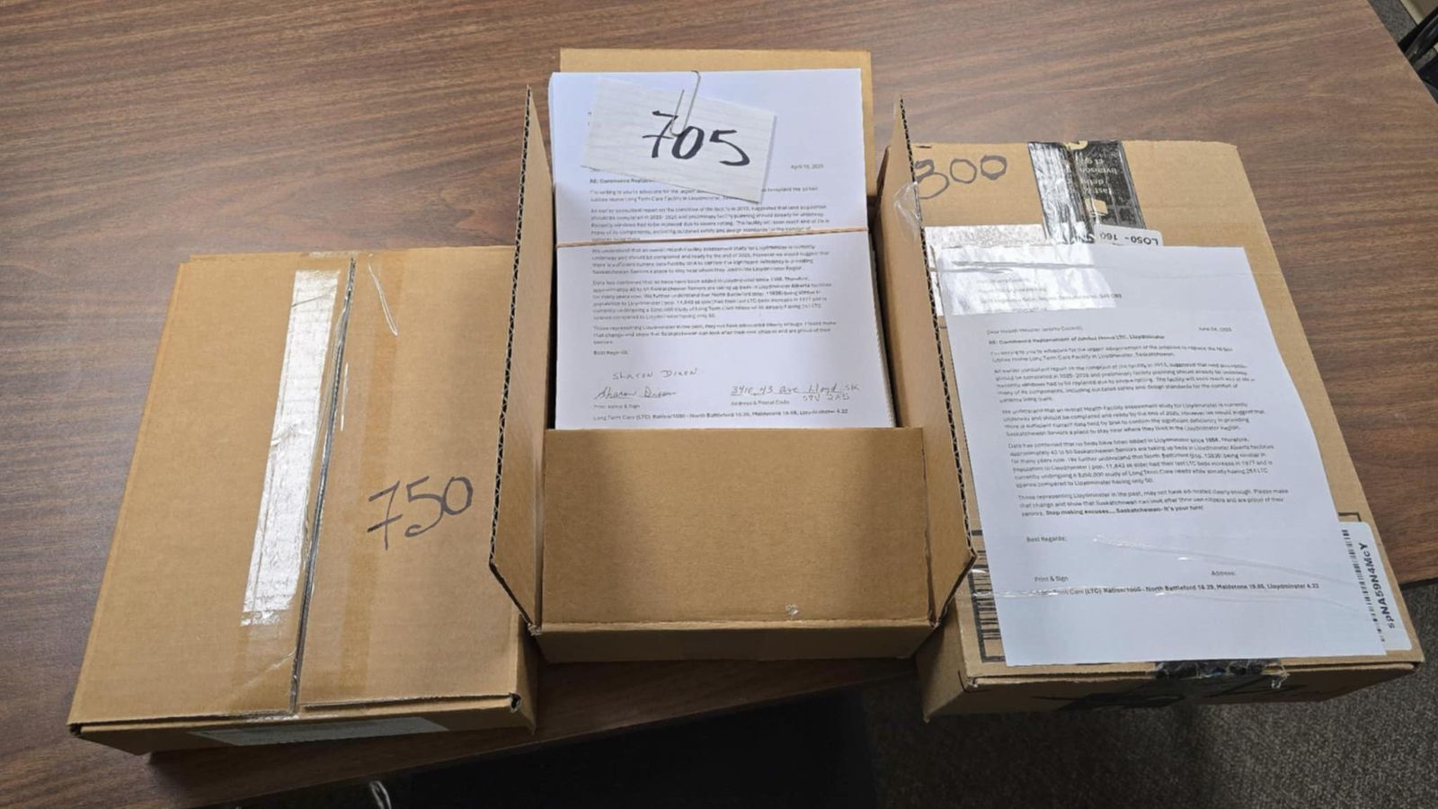 Boxes containing about 3,000 signatures petitioning the Saskatchewan health minister to replace the Jubilee Seniors Home.