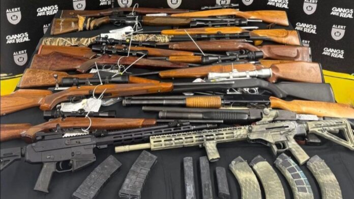 A Lloydminster 18-year-old is facing weapons related and other charges after combined police efforts seized a cache of 18 weapons found in his possession at a house in Marwayne.  Photo credit: ALERT.