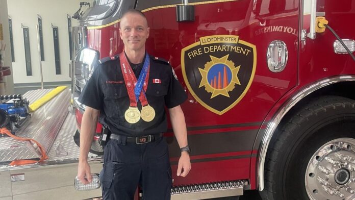 Firefighter Ruotsalainen is now sporting two gold medals from the recent World Police and Fire Games.