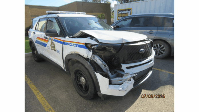 Investigators say the collision took place at the intersection of 50 Avenue and 48 Street when another vehicle crossed the centre line and struck the police cruiser.