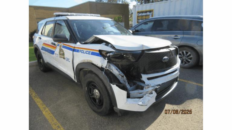 Investigators say the collision took place at the intersection of 50 Avenue and 48 Street when another vehicle crossed the centre line and struck the police cruiser.