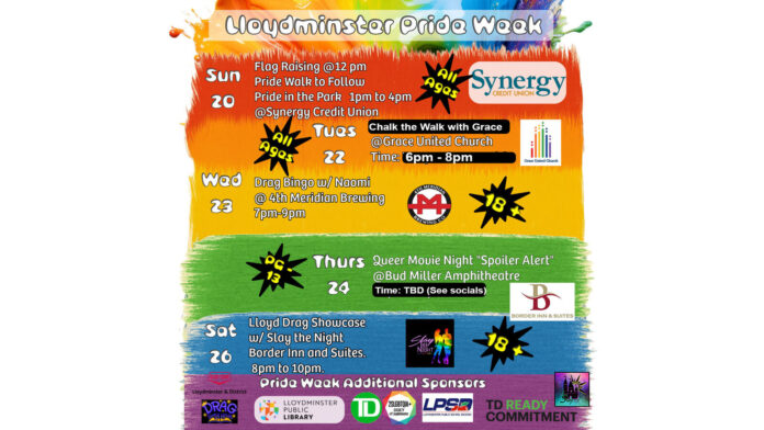 The 2SLGBTQIA+ Society of Lloydminster is celebrating Pride Week, July 20-26 at locations in the border city.