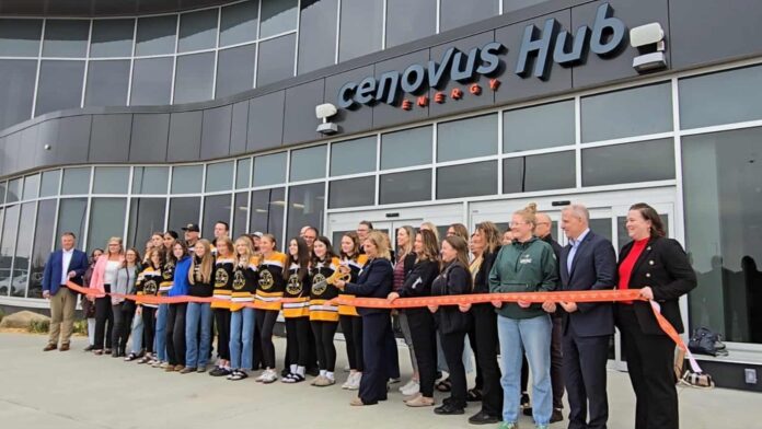Energy Minister and MLA for Lloydminster, Colleen Young leads ribbon cutting for Cenovus Energy Hub. | Photo: Gerry Lampow 106.1 The Goat/Vista Radio.