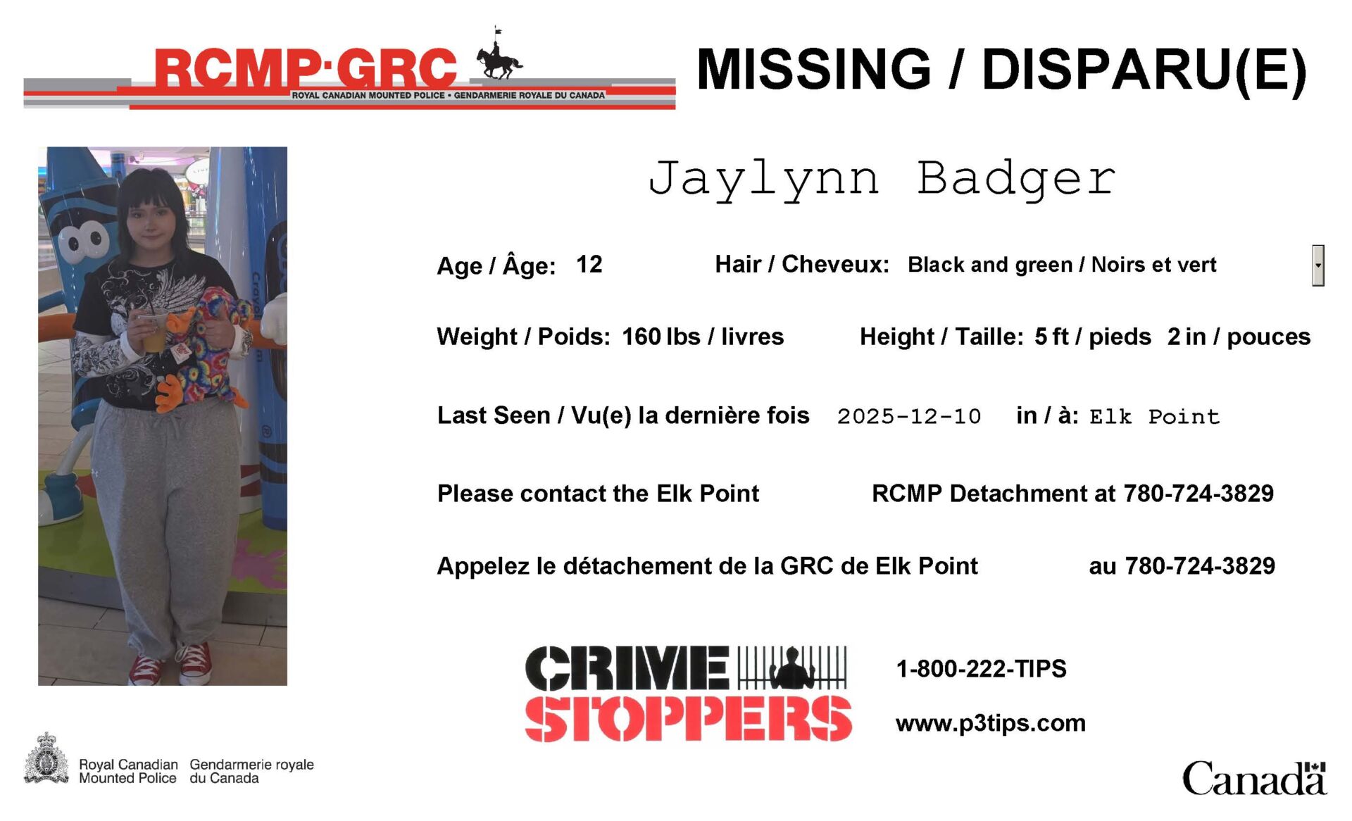 12-year-old Jaylynn Badger. | Photo credit: Elk Point RCMP.