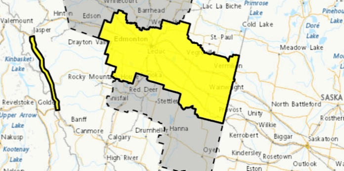 Map showing area affected by snowfall warning
