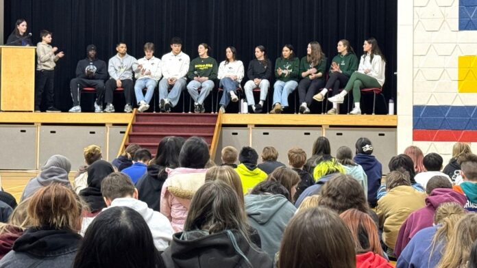 Leadership session at ES Laird School led by Lakeland College Rustlers athletes. | Photo credit: LPSD.