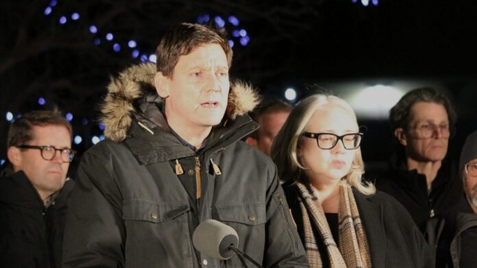 B.C. Premier David Eby speaks in Tumbler Ridge, a day after a shooting claimed nine lives in the community (Darin Bain, My Prince George Now)