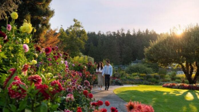 A young couple explores the The Butchart Gardens - a 121-year-old world famous 55-acre display garden in Brentwood Bay, British Columbia. | Photo credit: AMA Travel.