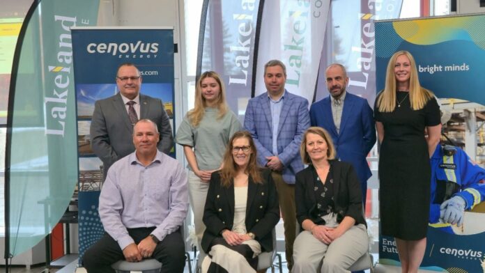 Cenovus Energy invests $2 million in Lakeland College trades and energy programs. Left-right, back) Dave King, Lakeland College dean of trades and technology, Kate Svidrak, Lakeland alumna and current Cenovus employee, Craig Party, senior manager, operations and maintenance, Adam Waterman, chair of the Lakeland College Board of Governors, Angela Minish, dean of business and energy. (Left-right, front) Clayton Ulrich, senior field manager, conventional heavy oil operations, Dr. Alice Wainwright-Stewart, Lakeland president and CEO, Patricia Hill, director, Lloydminster refinery and terminals. | Photo: 106.1 The Goat/Vista Radio.