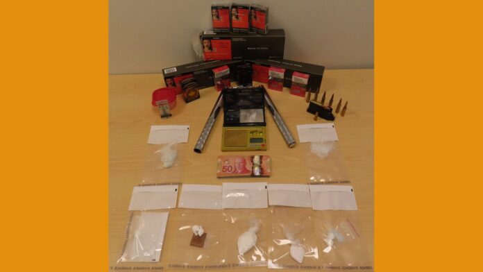 Police have seized illicit drugs, unstamped tobacco, ammunition and a prohibited weapon following a search at a Lloydminster home. | Photo: Saskatchewan RCMP.
