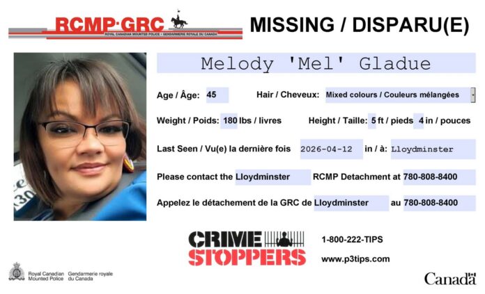 Police say Melody Gladue, who goes by Mel, was reported missing on Monday, April 13, around 4:30 p.m. She was last seen at her Lloydminster residence on Sunday, April 12, at approximately 6:38 p.m., and last spoke with family and friends around 8:00 p.m. | Photo: Lloydminster RCMP.