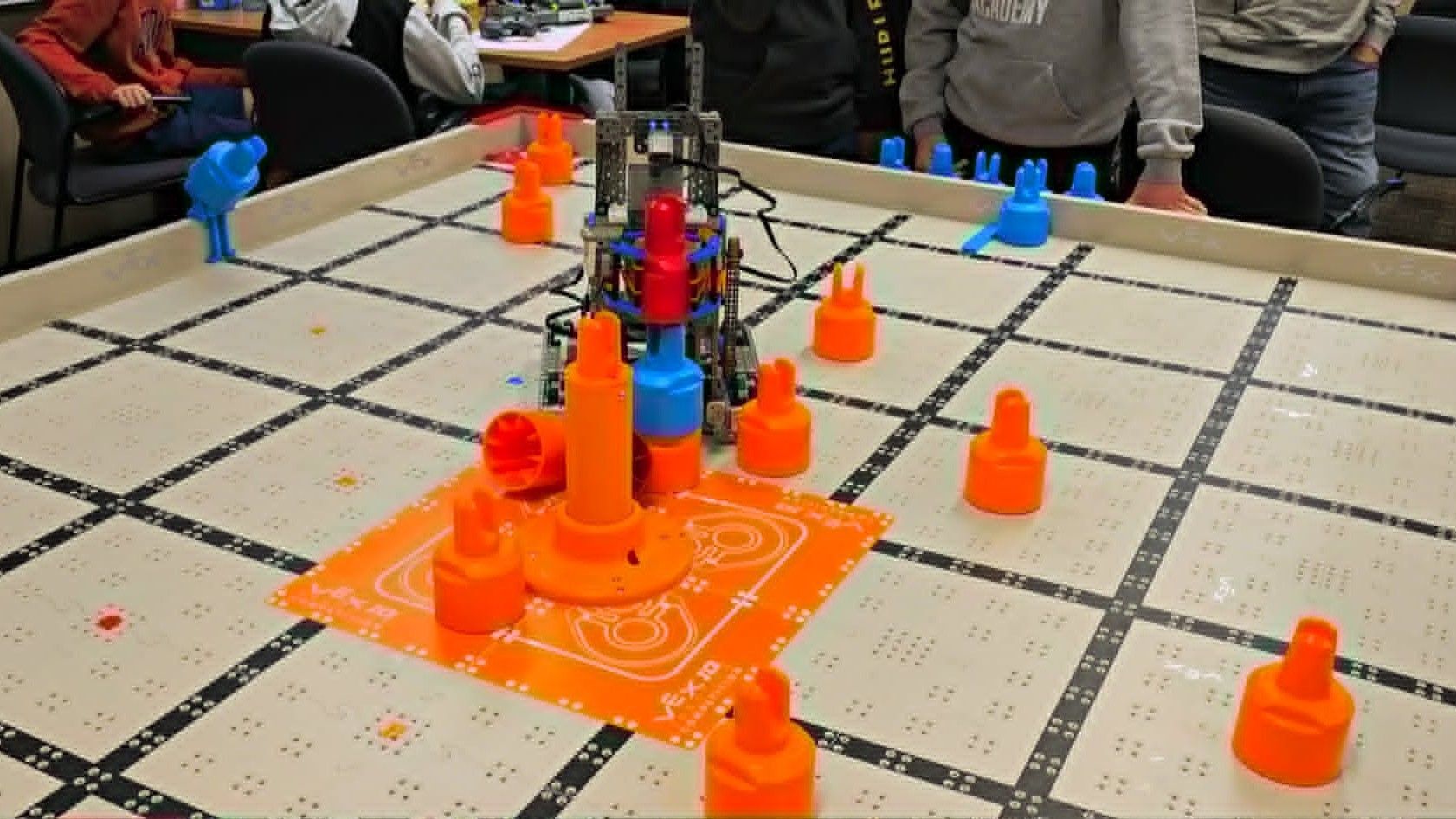 A robot stacks cones at the LPSD Robotics Challenge. | Photo: 106.1 The Goat/Vista Radio.