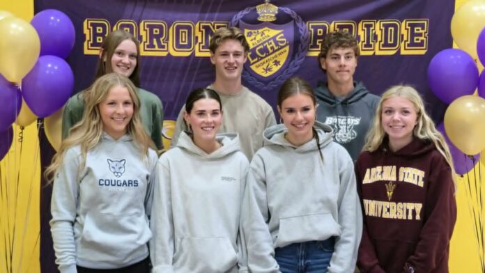 Lloyd Comp student athletes moving on with sports and studies. Backrow: Allie Tobin, Carsten Campbell, Rhett Romanchuk. Front row: Skylar Heinrichs, Sawyer Mackay, Jamie Hensche, Mya MacDonald. | Photo: 106.1 The Goat/Vista Radio.