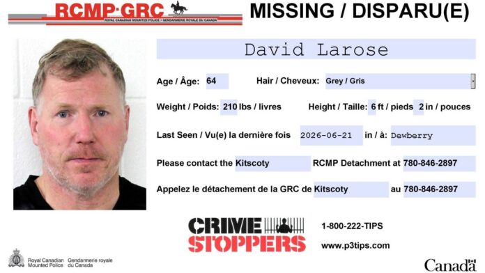 David Larose was last seen around 7:00 a.m. in Dewberry, Alberta, and may be travelling toward Nipawin, Saskatchewan. Police say there is concern for his well-being.