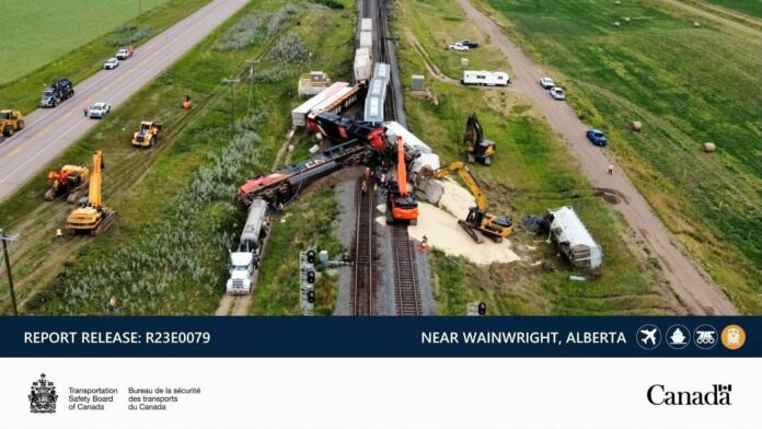 Train collision and derailment near Wainwright, Aug. 8, 2023. | Photo: Transportation Safety Board of Canada.