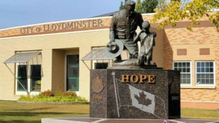 Hope statue in front City Hall Lloydminster. | Photo: 106.1 The Goat/Vista Radio.
