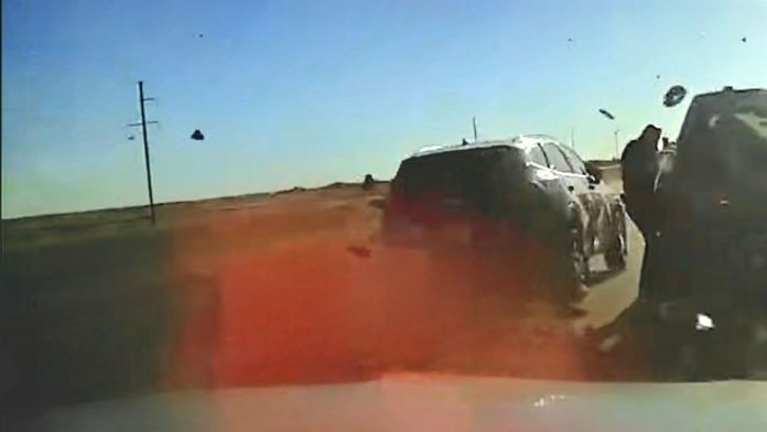 RCMP officer narrowly missed by SUV during Highway 16 traffic stop east of Lloydminster. | Photo: Saskatchewan RCMP.